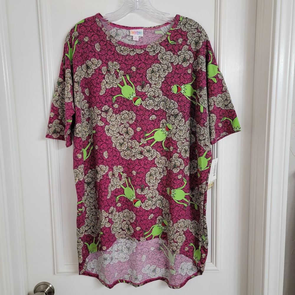 LuLaRoe Womens Disney Kermit The Frog Irma Short Sleeve Shirt Top Tunic. Sz- M
